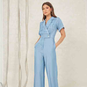 Blue Wrap Front Wrap Front Wide Leg Boiler Jumpsuit